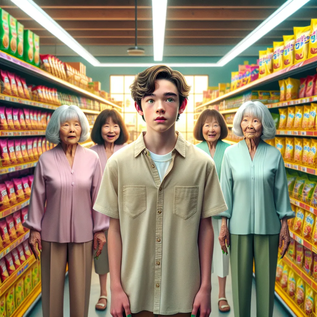 An image of Ethan, a 12-year-old boy with sandy brown hair and green eyes, standing in a grocery store aisle among colorful snack products. He is surrounded by three elderly Korean women, Min-ji, Hee-young, and Sun-ja, who are dressed in pastel blouses. The image captures the moment when Ethan's reflection in a mirror reveals the transformation into an elderly woman, embodied by the image of Sun-ja with white pixie hair and green nails. A mix of confusion, panic, and loss is evident in the expre