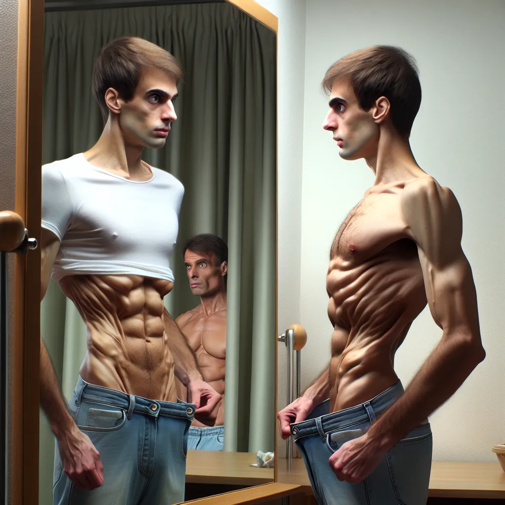 The image accompanying this story is of a young man standing in front of a mirror, staring at his reflection with a mixture of satisfaction and uncertainty. He is slim and gaunt, but a supernatural transformation is taking place, as his body appears to grow taller and broader, filling out with newfound muscle and weight. His expression is a mix of awe and disbelief, while in the background, another man, once larger and more commanding, now looks on in confusion and vulnerability. The image captu