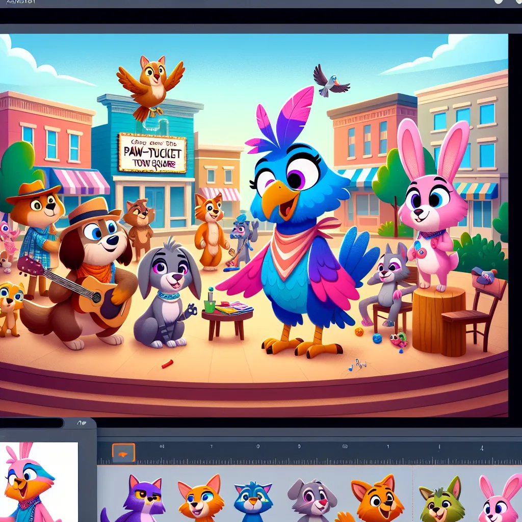 An animated scene featuring the characters from "Littlest Pet Shop: A World of Our Own," with Edie Von Keet preparing for a canine acting role by getting help from her friends with body-swapping shenanigans. The gang is pictured in a Paw-Tucket Town Square setting, showcasing their humorous dynamics and interactions.