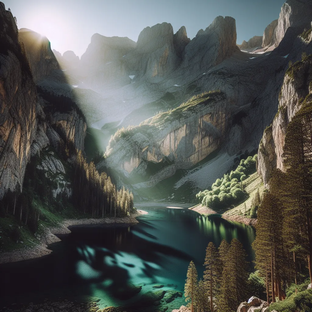 A striking image of a picturesque mountain lake surrounded by rocky cliffs and lush greenery.