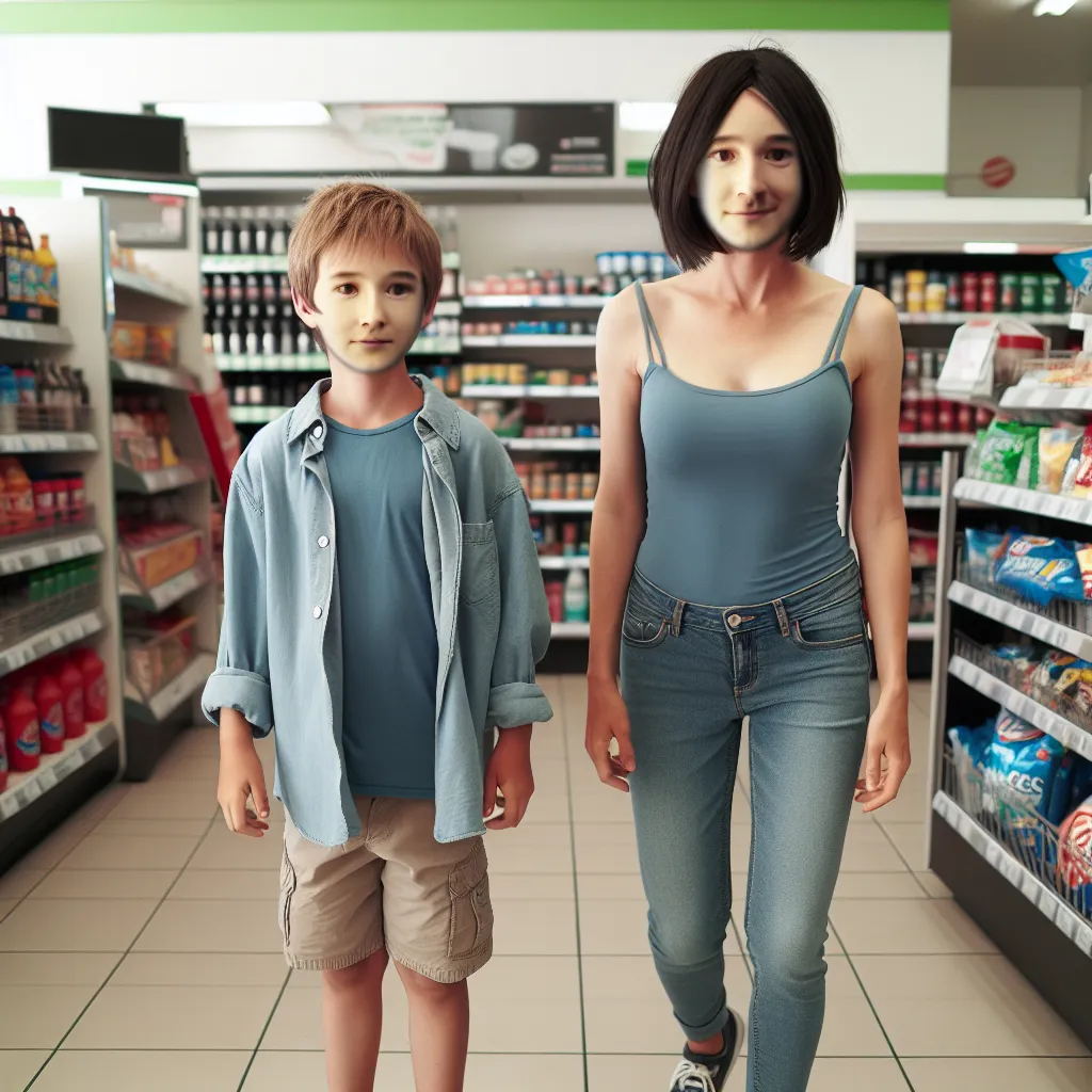 A young boy named Ethan and a woman named Helene, who have swapped bodies, stand in a convenience store aisle. Ethan, now in Helene's body, looks distraught while Helene, now in Ethan's body, looks triumphant.