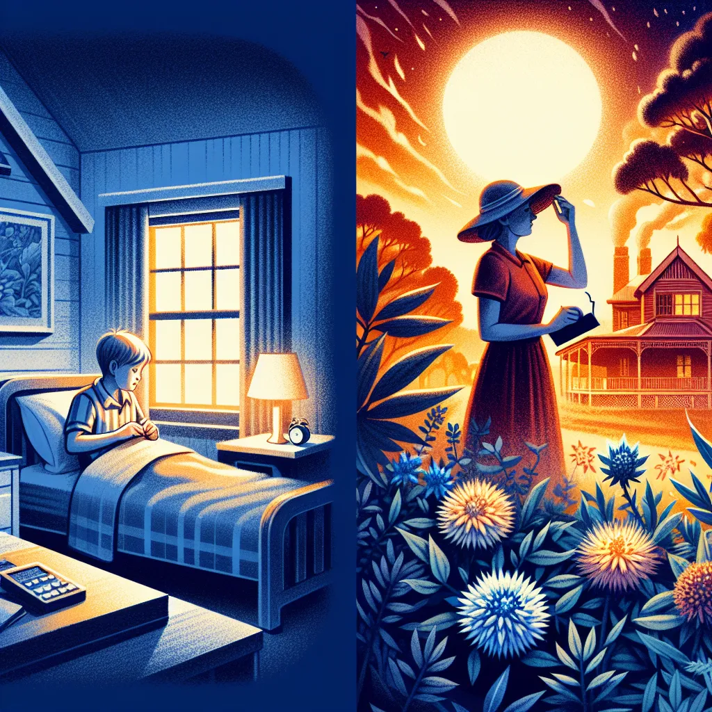 A depiction of two different scenes: one featuring a young boy named Lucas Martin getting ready for bed at his aunt's house in North Carolina, and another showing a woman named Eliza Fairchild feeling the stifling heat of a Queensland summer night in Australia.