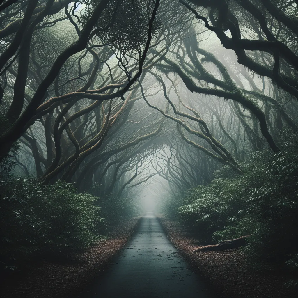 A deserted path leading into a mysterious forest with branches intertwined overhead, shrouded in a dense fog.