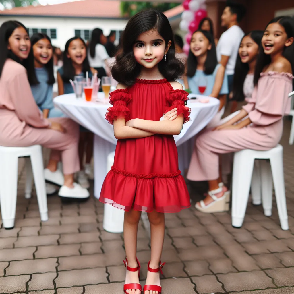 A young girl named Stephanie, transformed from a 5-year-old boy named Jason, stands confidently in a tight red dress and matching sandals at a club. She has styled her hair and applied makeup flawlessly, embracing her new identity as she prepares for a night out with her girlfriends.