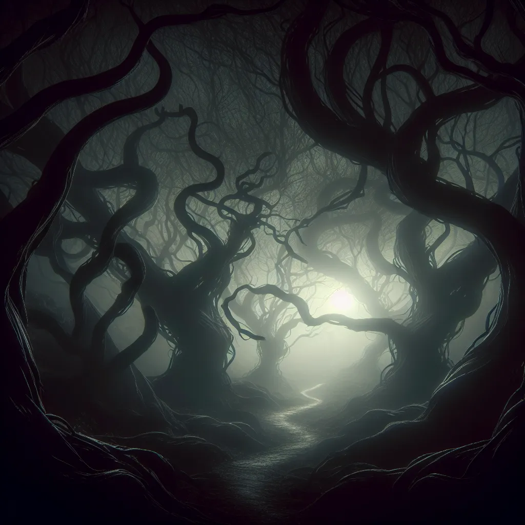 Title: "Whispers From the Unseen: A Haunting Silence"
Description: A dark, eerie forest at night with twisted trees looming overhead, shrouded in mist. The moon shines through the branches, casting an ominous glow on the trail below.