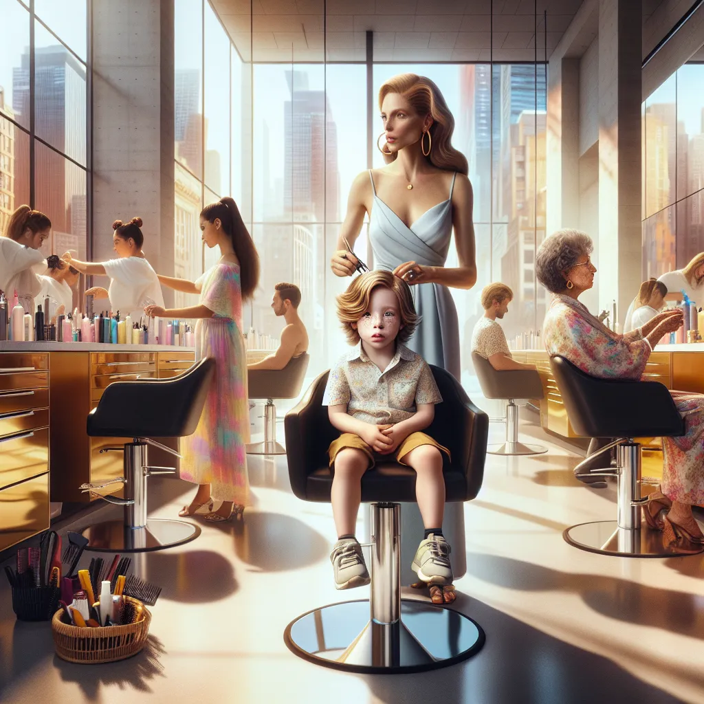This story follows Benjamin, a 4-year-old boy, during a visit to a city hair salon with his mother, Alexis, and grandmother, Judith. The detailed descriptions include Benjamin's appearance, the salon's staff, the atmosphere, and each stylist's outfit and jewelry. Benjamin falls into a strange sleep and experiences a surreal transformation into the stylist Hyun-hee. He navigates the salon, trying to perform tasks and communicate in broken English before returning to his own body. The story ends w