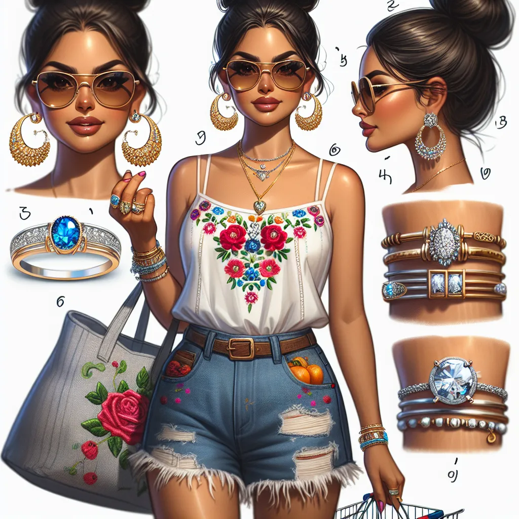 An image of Estrella, a 55-year-old Mexican woman, is shown. She is wearing a white tank top with colorful floral embroidery and jean shorts with frayed edges. Her hair is in a bun, and she is wearing oversized sunglasses with golden frames. Estrella has six pieces of jewelry, including hoop earrings, a gold necklace, a silver bracelet, a ring with a blue stone, another ring with her birthstone, and a wedding ring. She has her purse slung over her shoulder and is holding groceries in her other h