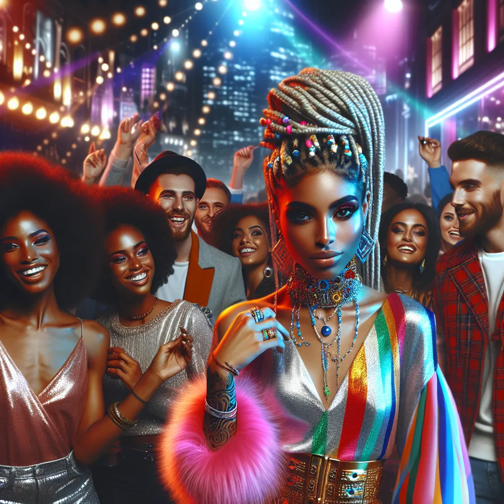 A detailed story about Ethan, who mysteriously transforms into Harmony through a unique sleepover experience that gradually shapes a vibrant and confident new identity. The image captures Harmony's joyous, glamorous nightlife in a city club with her diverse group of friends, showcasing her bold outfit, braided hair with beads, and multiple stylish pieces of jewelry.