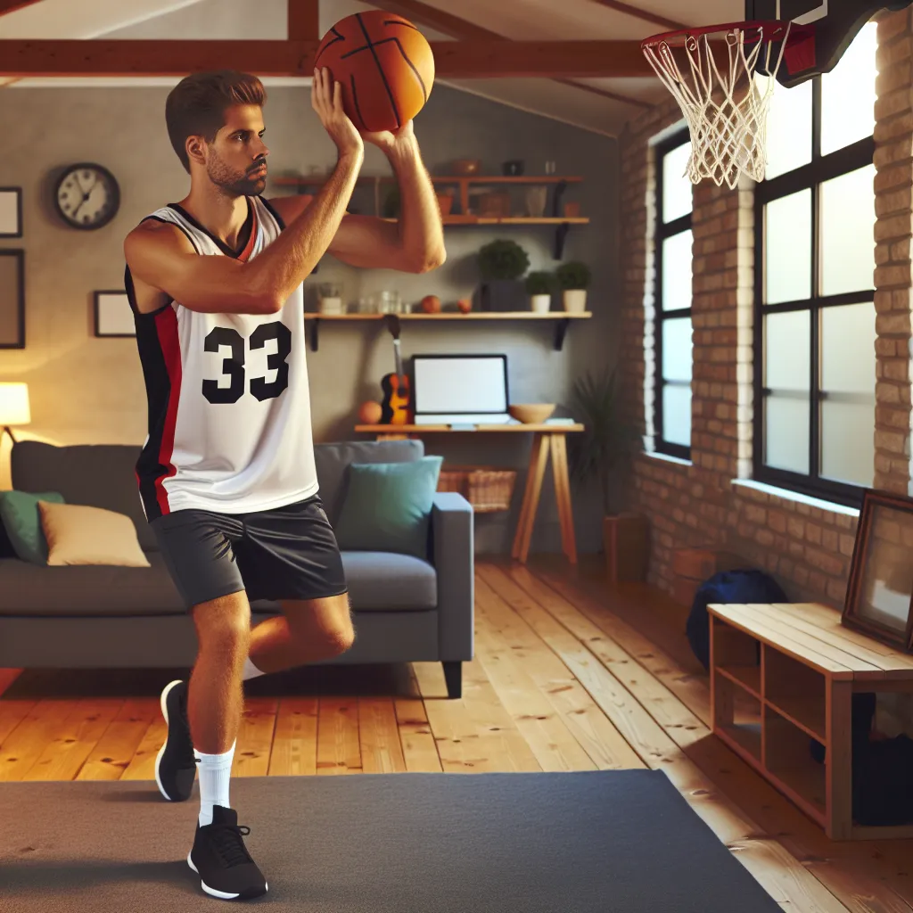 A man practices his basketball shot while wearing fishnet stockings and a glittering bustier in his living room, with a stripper pole in the background.