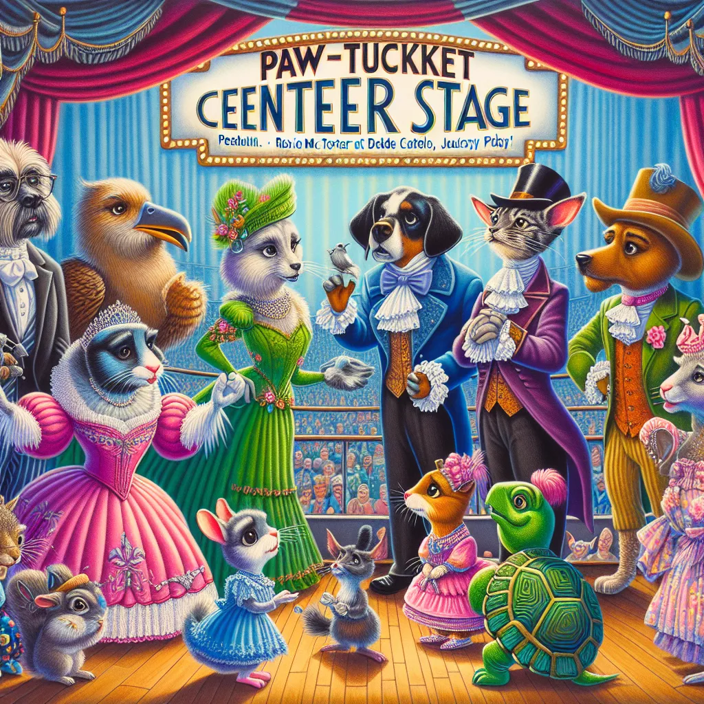 Title: All Bark, No Bite

Description: The colorful and whimsical scene depicts various pets preparing for a play at Paw-Tucket Center Stage. Edie Von Keet, in a dramatic cape, seeks advice on embodying a dog role from Roxie McTerrier, Trip Hamston, Bev Gilturtle, Jade Catkin, and Quincy Goatee. As they comically swap bodies and navigate the challenges of method acting, the story culminates in a heartwarming and hilarious performance where Edie shines as "Barkley the Brave." The image captures t