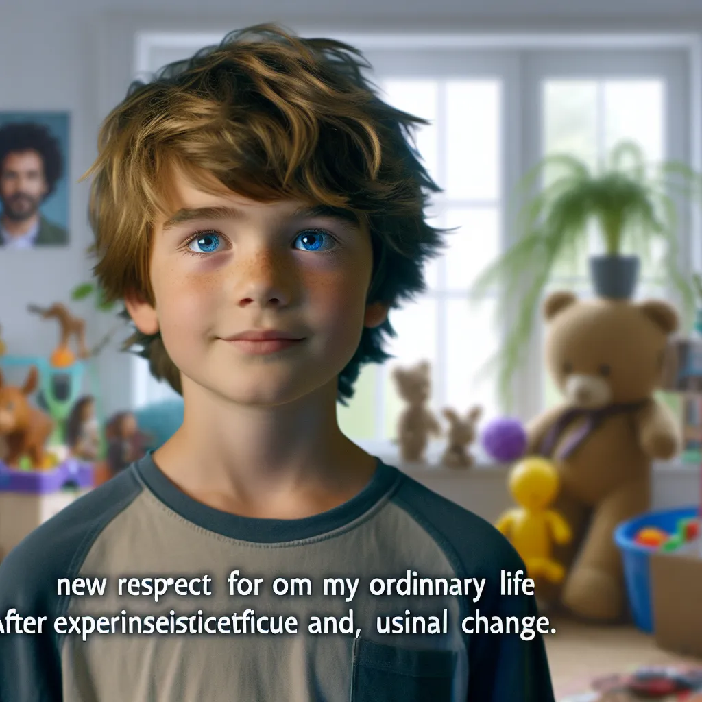 Description: A young boy named Johnny, with tousled brown hair and sparkling blue eyes, stands in a room filled with toys, feeling grateful for his return to normalcy after a temporary experience of being trapped in the body of his friend's mom, Linda. With a renewed appreciation for his own identity, Johnny reflects on the importance of being oneself and looks forward to new adventures with his family and friends.