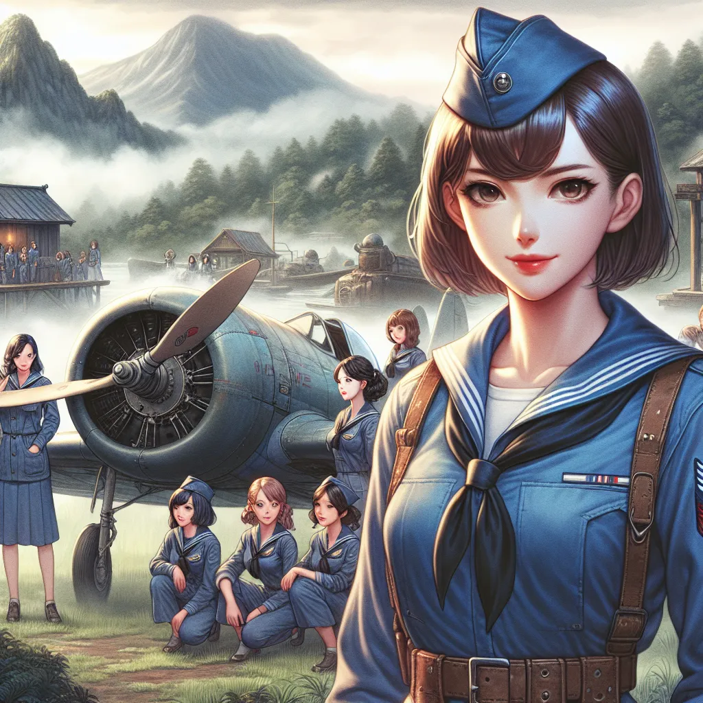 Illustration of a young, resolute female warrior with short brown hair and soft eyes in a blue one-piece swimsuit and sailor-style flight jacket, standing confidently beside a vintage-looking fighter plane. She exudes a mix of martial spirit and magical determination, blending the aura of a seasoned martial artist with that of a gentle healer. The background shows a misty mountain village with other young women in similar flight uniforms, hinting at camaraderie and wartime camaraderie in a fanta