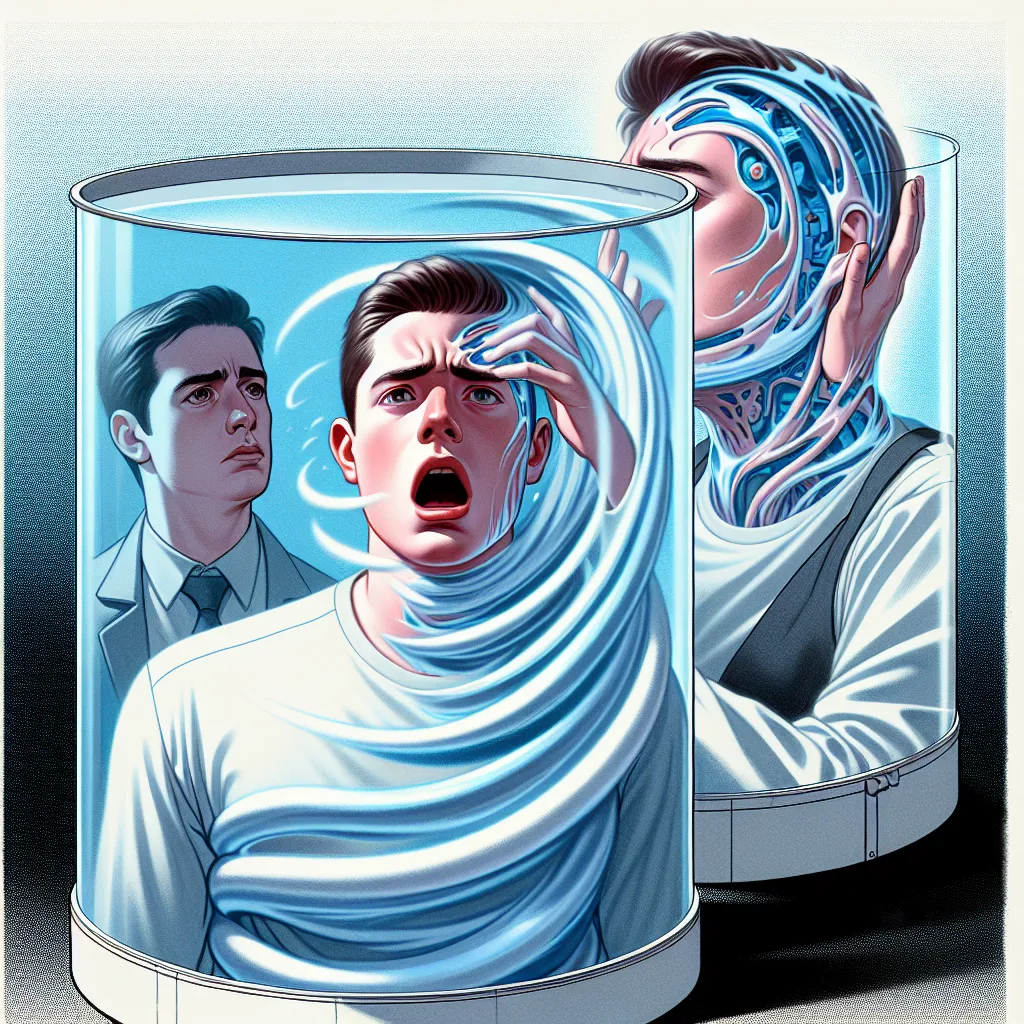 An image that depicts a young man trapped in a sci-fi contraption, his body surrounded by swirling liquid representing the transmutation of his identity. The man's face expresses pain and confusion as his original form begins to dissolve, while another figure, representing the scientist, can be seen in the background, taking on his old appearance.