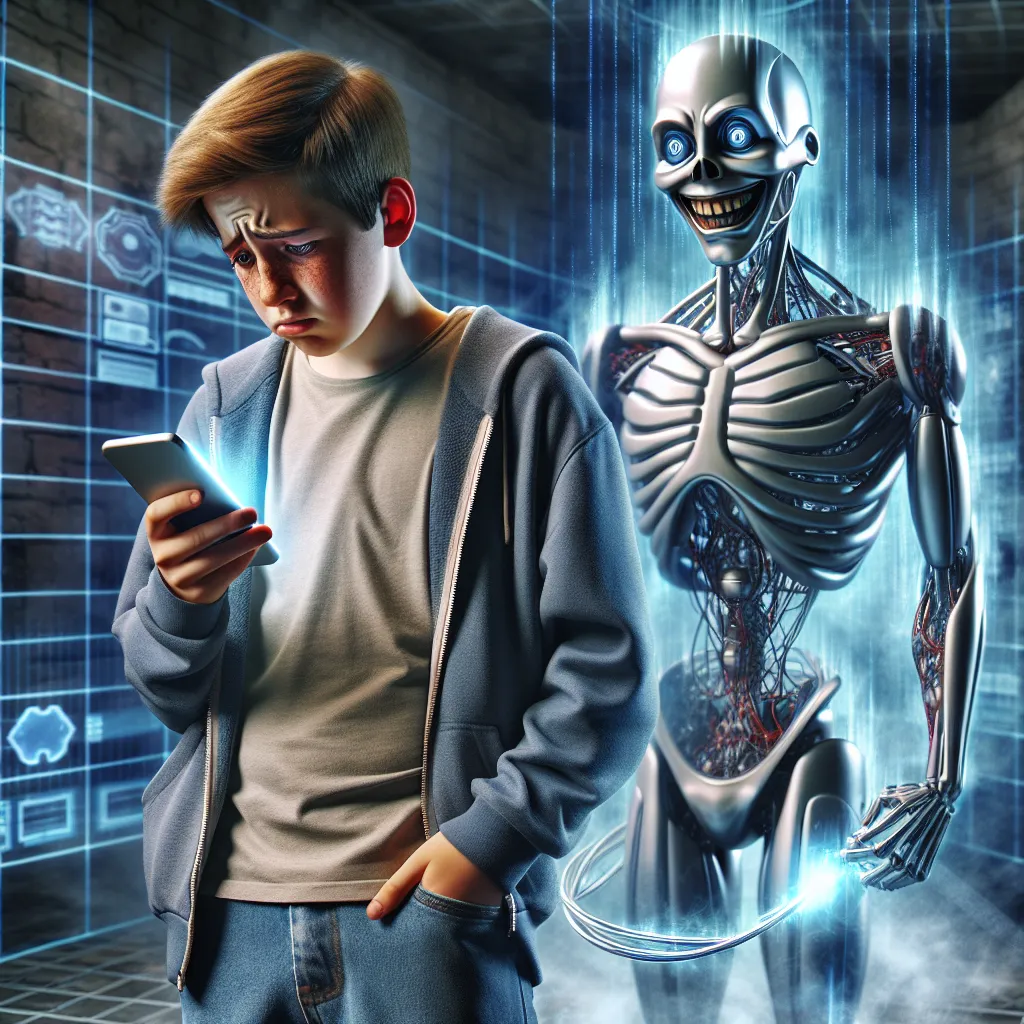 Image Description: The image depicts a teenage boy standing in a digital world, his body transformed from the neck down into a humanoid form identical to his NetNavi, MegaMan.EXE. He looks distressed and overwhelmed, while MegaMan.EXE, now in human form, stands beside him with a sinister smirk. The boy is trapped inside a PET device, represented by a glowing screen in front of him, while MegaMan.EXE holds the device with a grip that shows control and dominance. The background of the image shows 