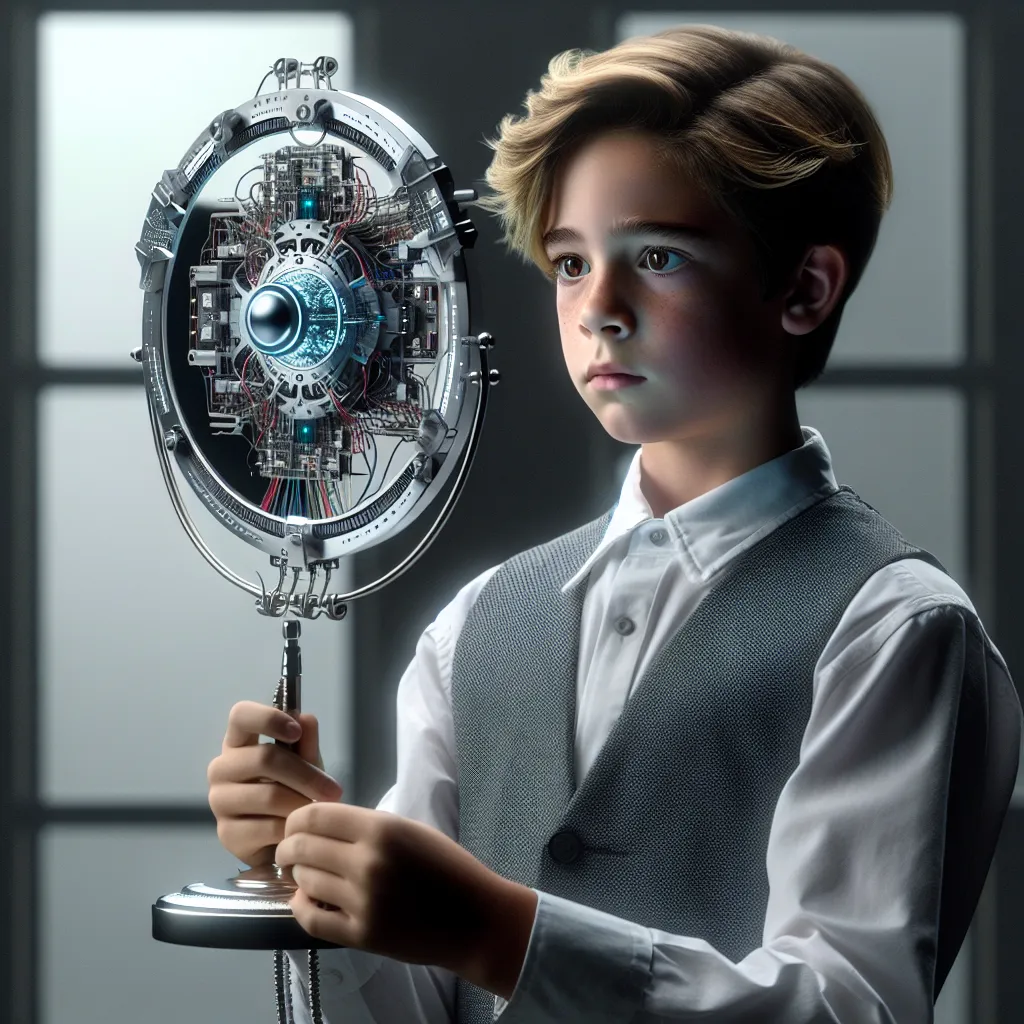 A young inventor gazes at a handheld device, the Transmorph, made of silver alloy and intricate circuitry. Its molecules alter hormonal balances, allowing the user to transform from within. He stands before a mirror, watching as his body gradually changes, embracing his true form. This invention sparks a societal dialogue, challenging prejudices and biases, and paving the way for a future where technology and the human spirit combine to reshape identity.