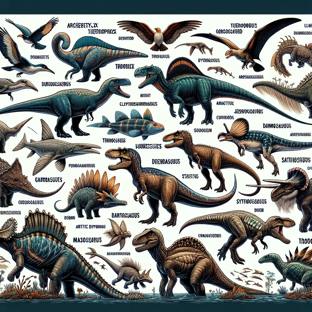 An image featuring a collection of prehistoric species that could be added to "Jurassic World Evolution 3". The species include Archaeopteryx, Therizinosaurus, Deinosuchus, Dunkleosteus, Gorgosaurus, Hainosaurus, Saltasaurus, Supersaurus, Troodon, Austrolotitan, Plateosaurus, Stygimoloch, Kaprosuchus, Concavenator, Cryolophosaurus, Kosmoceratops, Augustinia, Simosuchus, Erythrosuchus, Majungasaurus, Masiakasaurus, Saurolophus, Irritator, Jobaria, Gigantoraptor, Hypsilophodon, Zuniceratops, Neove