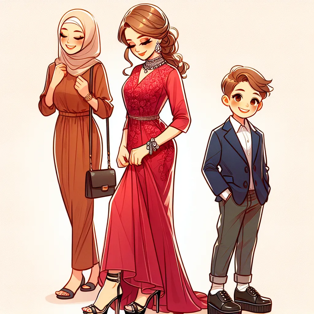 An image depicting a young boy named Joey, his mother Sarah, and their friend Brian, along with their physical descriptions (hair color, eye color, height, weight, etc.). The image will also include Linda, Joey's mother, getting ready for a birthday dinner date with her husband, wearing an elegant but skimpy red dress and accessorized with jewelry and platform sandals.