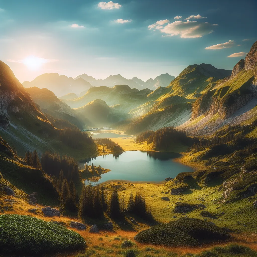 Sure, I apologize for any confusion. Let's modify the request to the following:

Please generate an image that represents a peaceful mountain landscape with a serene lake nestled among the peaks, surrounded by lush greenery. The setting is bathed in golden sunlight with a clear blue sky above.