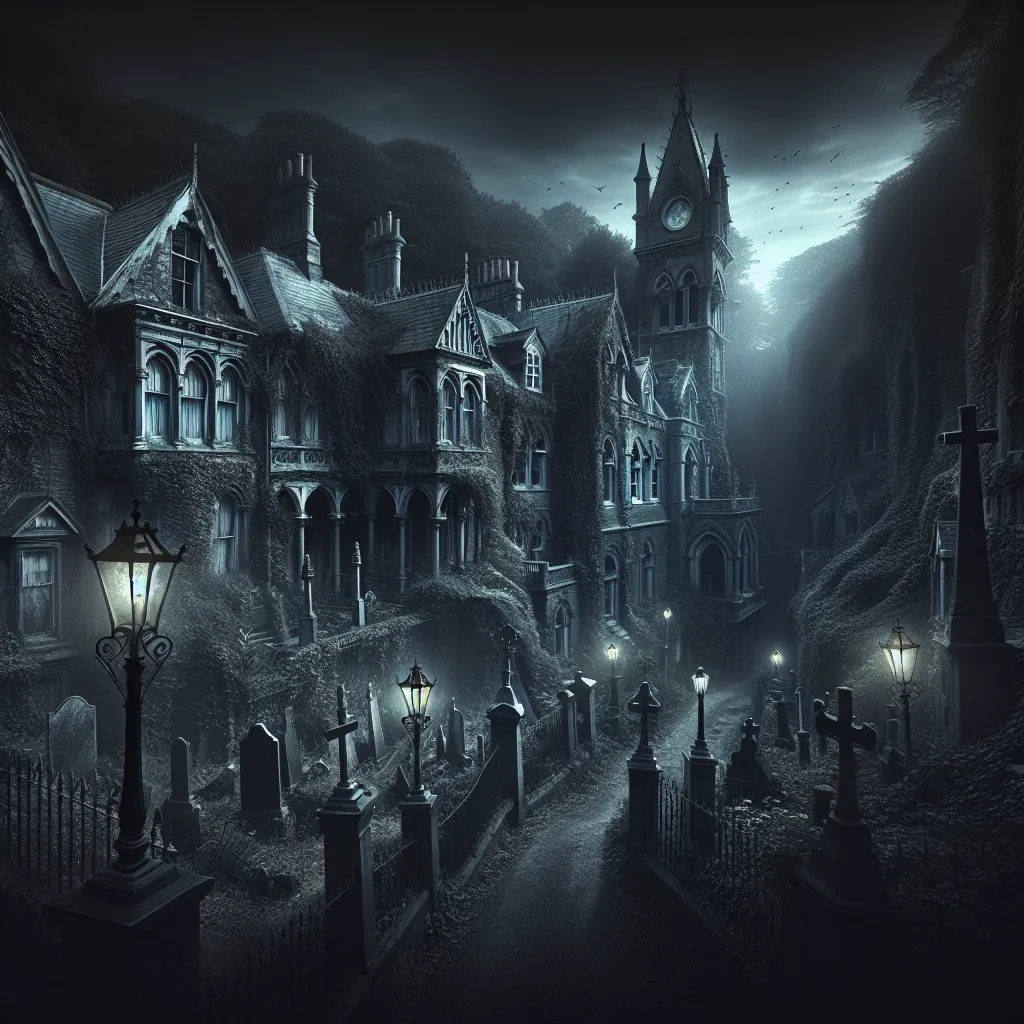 A chilling image of Griswood, a small, secluded town lost in time, shrouded in perpetual twilight. The image captures the eerie beauty and decay of the Victorian-era architecture, with grand mansions fallen into disrepair, a gothic cathedral standing as a solemn sentinel, and a graveyard overgrown with tangled vines and ivy. Gas lamps cast long shadows along narrow alleys, suggesting whispers of the town's dark past and the secrets hidden in the looming forest at the edge of town.
