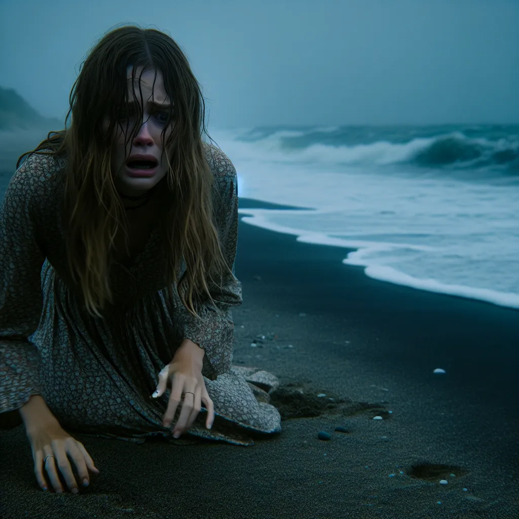 A dark and unsettling scene at the beach as Emma undergoes a horrifying transformation.
