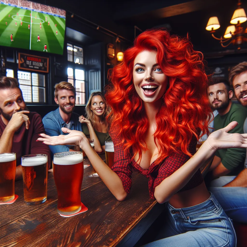 Image Description: A redheaded woman named Lizzy with a mischievous grin sits at a pub table, surrounded by a group of intrigued and amused onlookers. She is holding a beer in her hand, with her other hand gesturing playfully as she regales the crowd with her football knowledge. Her vibrant red curls cascade down her shoulders, and she is dressed in casual attire that exudes confidence. The atmosphere is lively, with the bar's sports channel projecting the game on a large screen in the backgroun