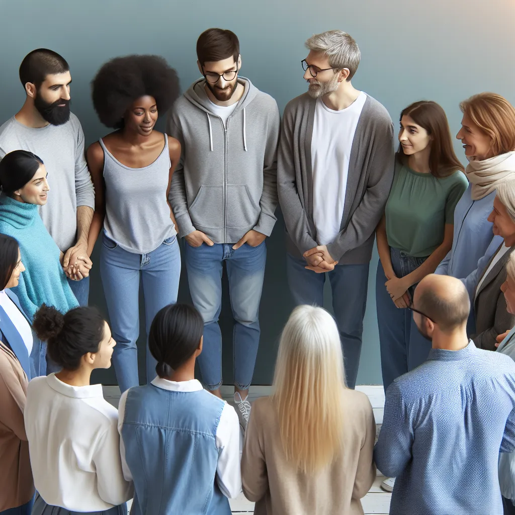 A group of diverse people standing together, engaged in conversation, showing unity and support.