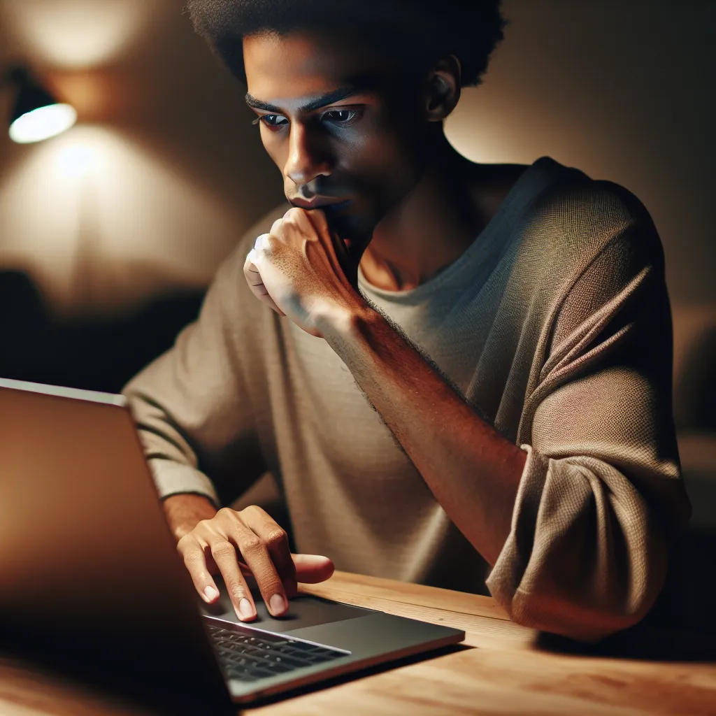A generic image of a thoughtful person sitting at a desk with a laptop, contemplating their work.