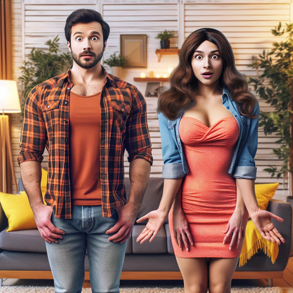 This story is a humorous tale of unexpected body swapping between friends. The image shows a man and a woman staring at each other in surprise, capturing the comedic confusion of the situation.