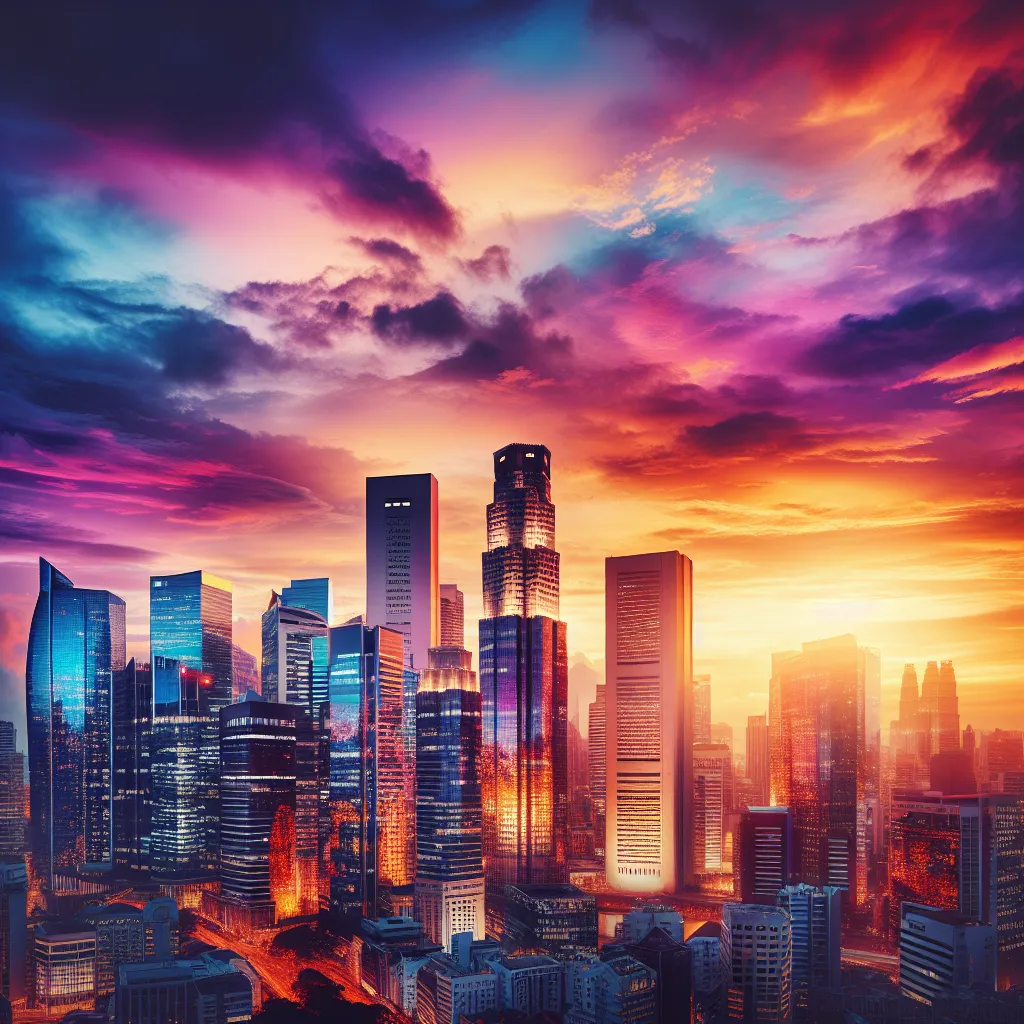 A vibrant city skyline at sunset, featuring tall buildings against a colorful sky with hues of orange, purple, and gold. The image showcases the bustling energy and beauty of metropolitan life.