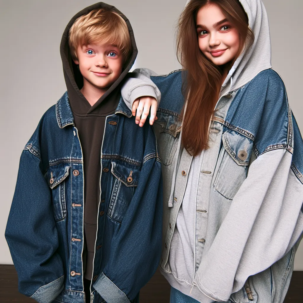 A blonde-haired, blue-eyed eight-year-old boy and a brown-haired, brown-eyed fifteen-year-old girl posing in each other's clothes and exchanging mischievous smiles.