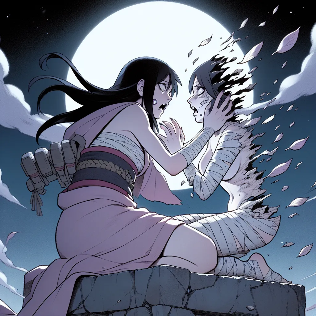 Title: Metamorphosis of the Uzumaki: From Naruto to Naruko
Genre: Horror

Description: In the moonlit Hidden Leaf Village, Naruto Uzumaki undergoes a disturbing transformation, his body altering and reshaping into that of a young woman named Naruko Uzumaki. With panic in her eyes, Naruko tries to reconcile her fragmented memories and accept her new reality, embracing her true self as a kunoichi of the Uzumaki clan. The image depicts Naruko atop a stone monument, her determination unwavering desp