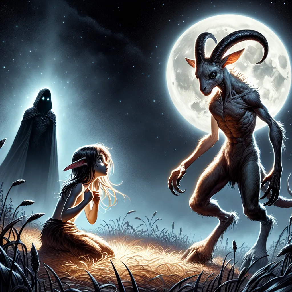 A young Andalite female named Elyra undergoes a painful transformation under the moonlight, while a malevolent figure named Rael approaches. Elyra's newly acquired form proves vulnerable as Rael forcefully asserts his dominance, causing her immense suffering. The image will depict Elyra, with her stalk eyes and hooved legs, trembling amid the grass after the cruel ordeal. The moon shines brightly above, mirroring the indifference of her two intertwined worlds.