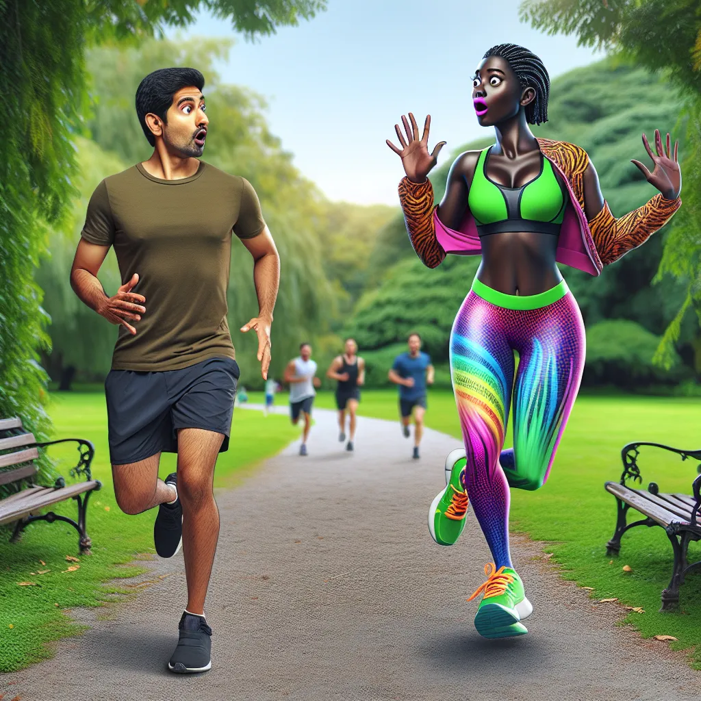 A humorous scene where a jogger's buddy undergoes a surprising transformation, becoming a stunning distraction in vibrant workout gear.