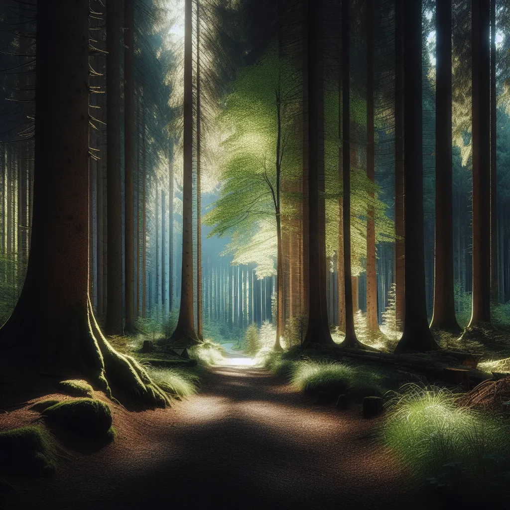 A serene forest with tall trees and a sunlight-filtered path leading into the distance.