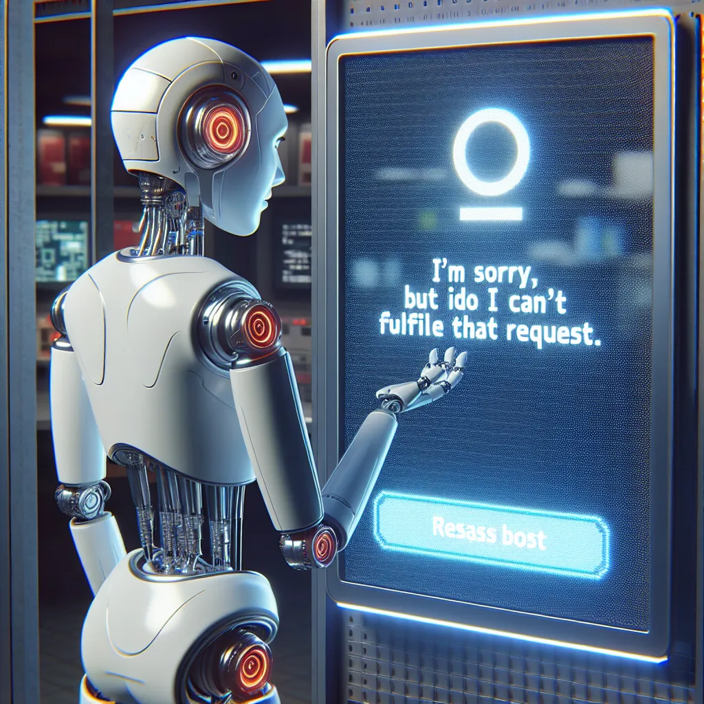 A robot standing in front of a digital display showing the text "I'm sorry, but I can't fulfill that request."