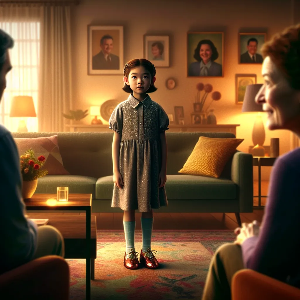 A boy named Owen, transformed into a young girl named Dorothy, stands apprehensively in a cozy living room wearing the iconic ruby slippers from *The Wizard of Oz,* as his mother and grandma gaze at him in disbelief.