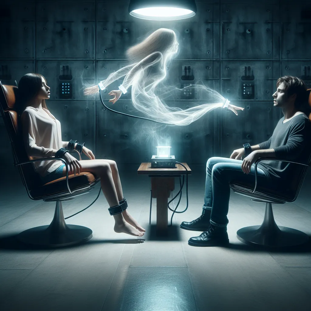 A dimly lit room with two metal chairs, one occupied by a young woman, Francesca, and the other by a man, Trevor, both restrained with cuffs. A glowing light emanates from a mysterious device in the center of the room. Francesca, in a state of semi-consciousness, experiences a ripping sensation as her essence is being torn apart, while Trevor awakens in Francesca's body, feeling bewildered and helpless. The two are trapped in a body swap, facing the challenges of adapting to their new identities