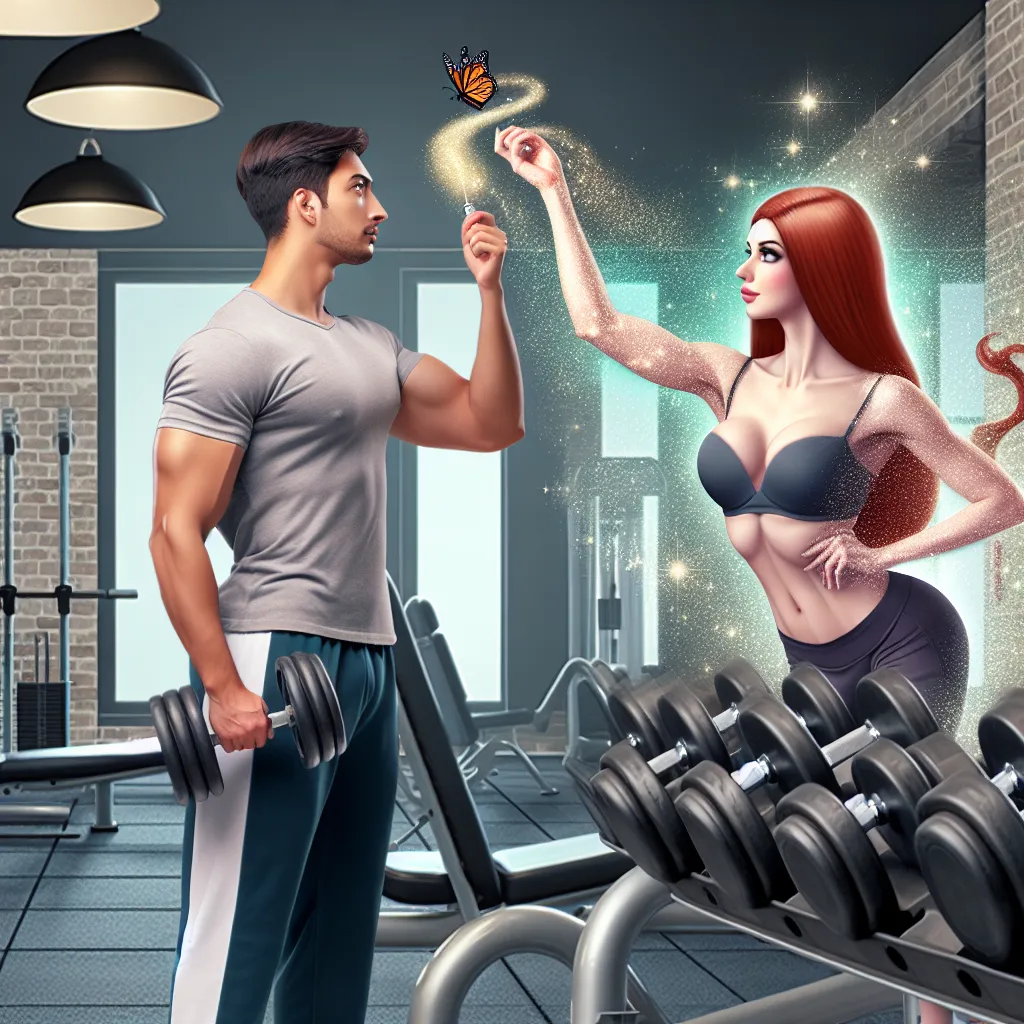 An image of a gym scene with two friends, one male and one female, working out at the free weights section. The male friend is being sprayed with a mist by a tall brunette, and a visual transformation begins, turning him into a fit, redheaded woman.