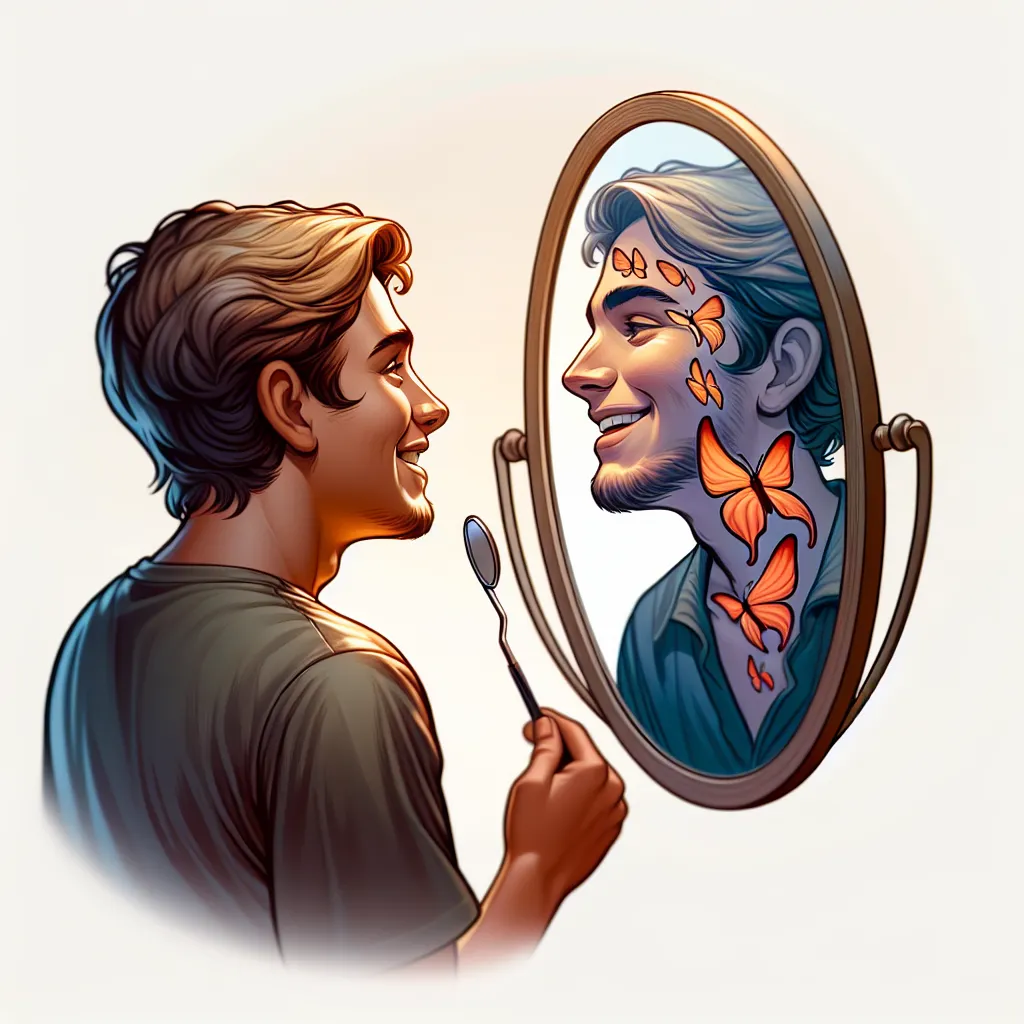 An emotional tale of transformation unfolds as young Cameron accidentally becomes his friend's mom, Jessica, in a detailed step-by-step story. The image will capture the pivotal moment when Cameron's feminization is nearly complete, with Jessica's transformation revealed in reflection, embodying happiness and self-acceptance.