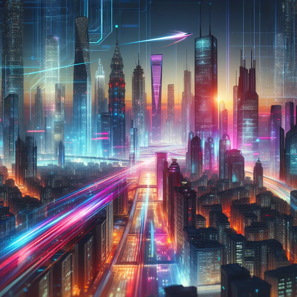 Abstract, futuristic cityscape at dusk, illuminated with vibrant neon lights reflecting off towering skyscrapers. Flying cars zoom through the illuminated streets, creating streaks of light as they travel.