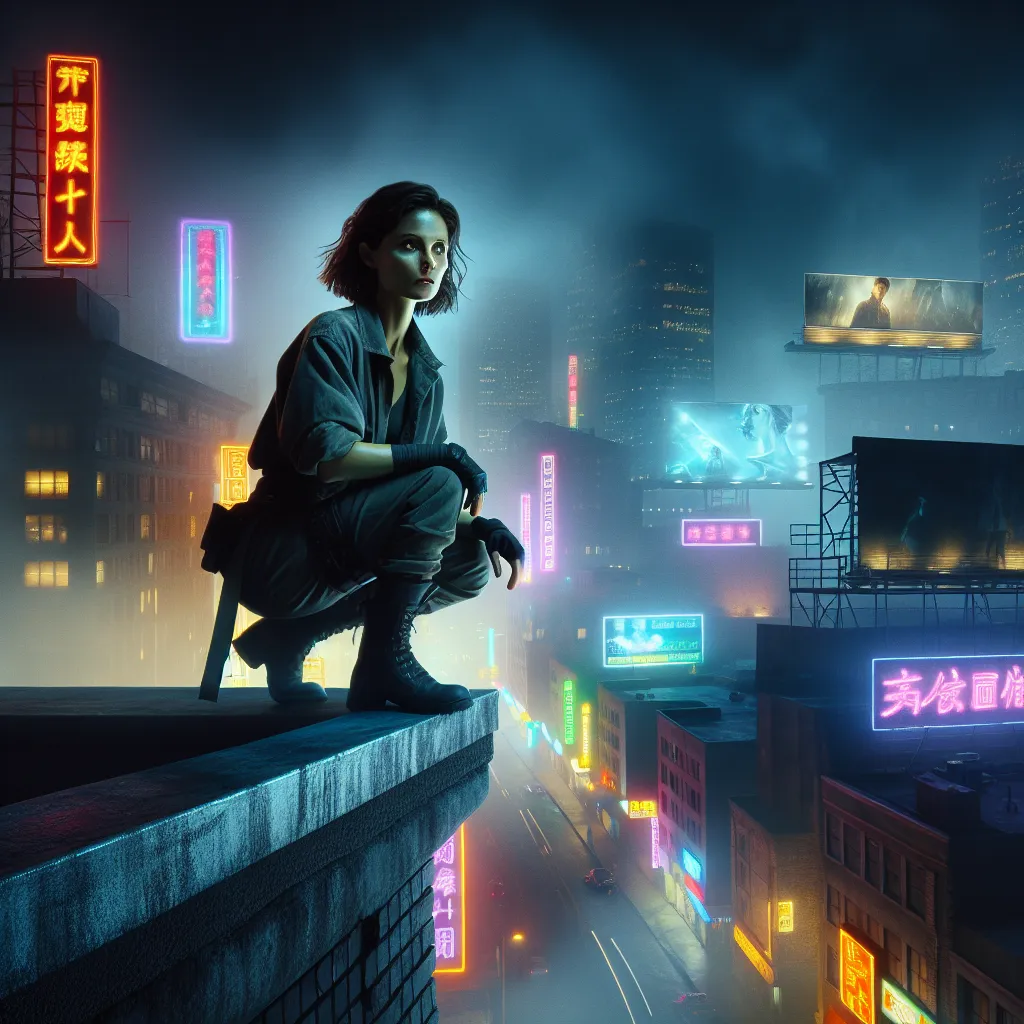 Title: Neon Shadows: A Nightclub Mystery
Genre: Mystery

A lone figure, Laura Kinney, perched on a rooftop edge above the city's neon-lit streets, her gaze sharp as wire. The image captures her in drab gray attire, surrounded by the pulsing glow of neon lights and billboards. With her heightened senses and hidden claws, she navigates through the shadowy world of Club Nox, uncovering a trafficking ring. The scene encapsulates the mystery and danger of the night, as Laura fights to bring light to 