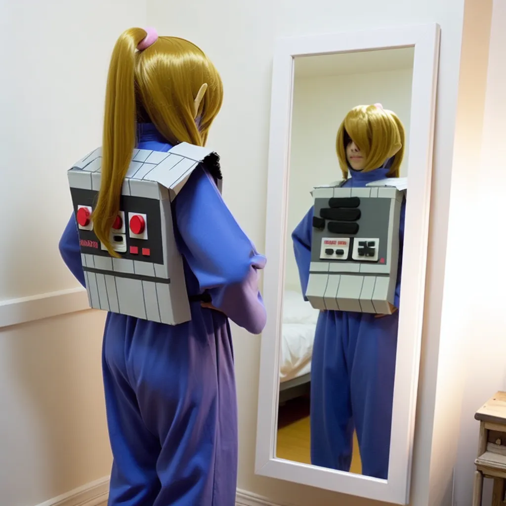 A girl cosplaying as Roll.EXE from Megaman Battle Network stands in front of a mirror, struck by the realization that this transformation is a reflection of her true self.