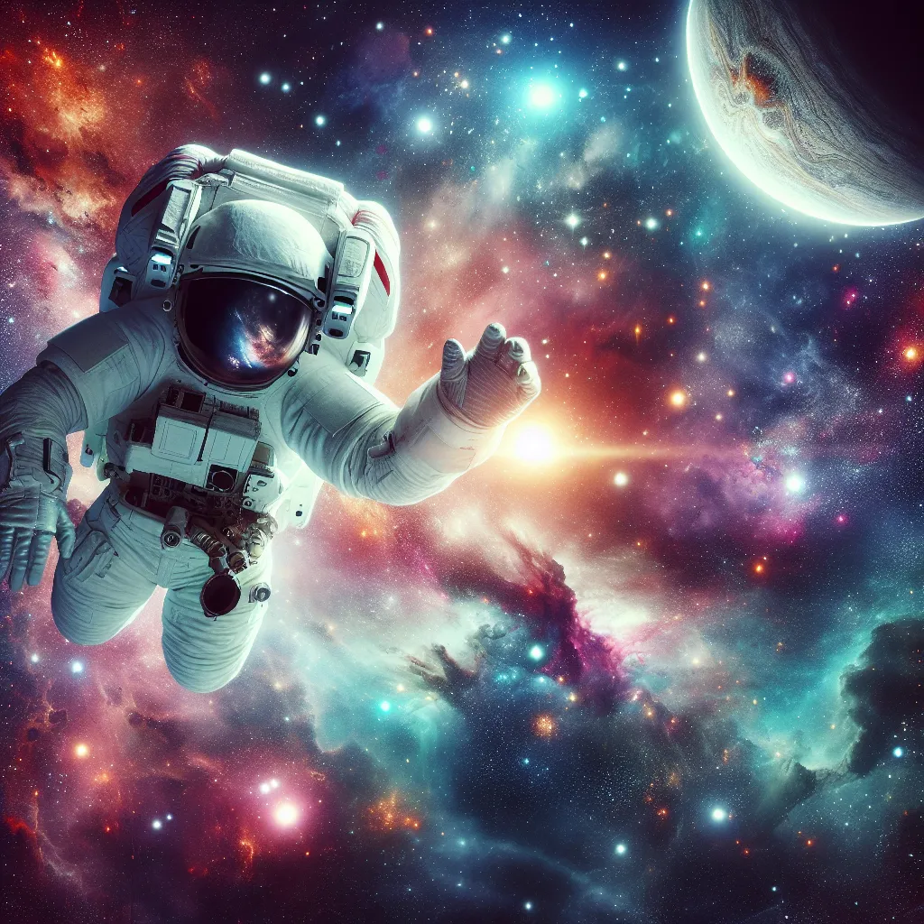 No problem! Here's a concise description for the image:

"An astronaut floating in space, surrounded by a mesmerizing galaxy of stars and nebulas, reaching out towards a distant planet with awe and wonder."