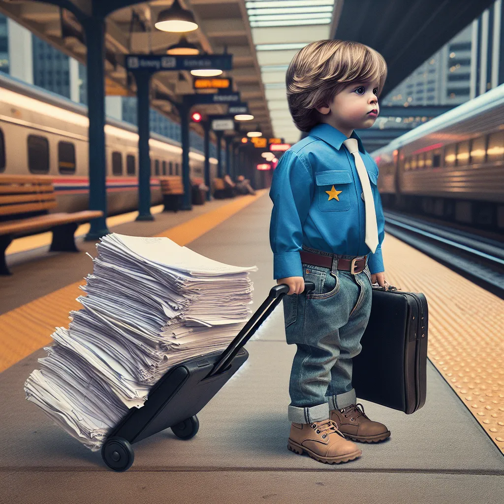 In this image, a 5-year-old boy named Ethan Nichols is depicted standing on a train platform. He wears a bright blue shirt with a big yellow star and comfy jeans. Ethan's spirit has been transferred into the body of Laura Bennett, a corporate lawyer from New York City. Inside Laura's body, Ethan struggles to navigate her responsibilities while maintaining his childlike innocence. He carries a rolling suitcase filled with important legal documents as he prepares to board a train to Boston for an 