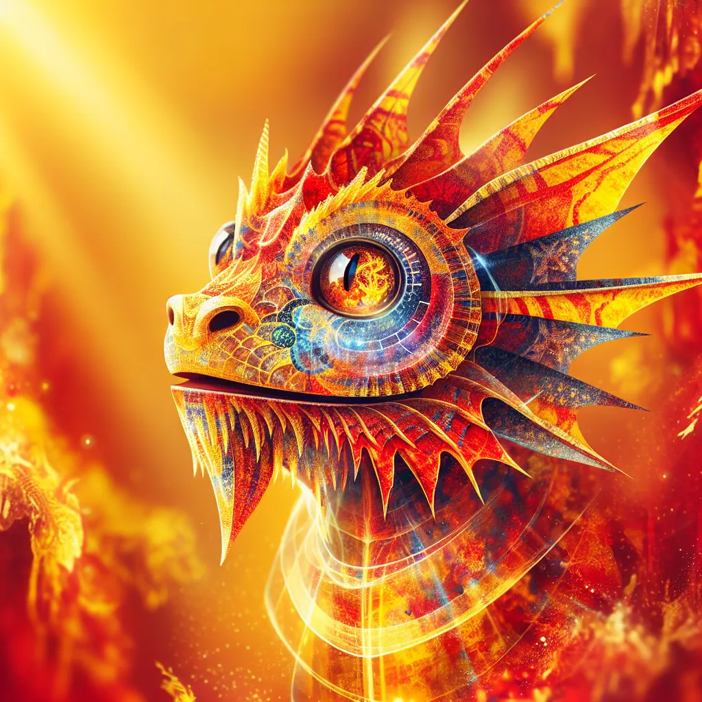 A vibrant anthro dragoness stands proudly, basking in the warm sunlight that glimmers off her shimmering red and yellow scales. Her eyes are filled with awe and joy as she marvels at her newly transformed body, feeling the ancient magic of the Lunar Year of the Dragon coursing through her veins.