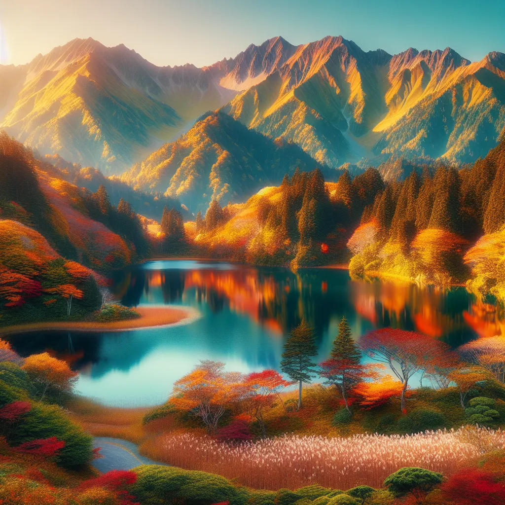 A scenic mountain landscape with a serene lake reflecting the colorful autumn foliage.