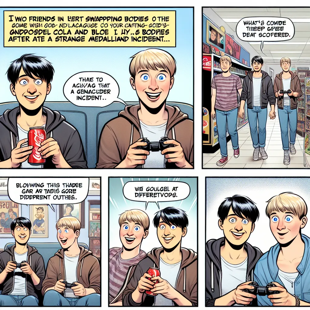 Two friends, Jake and his buddy, navigate the hilarity and challenges of swapping bodies after a mysterious amulet incident, taking advantage of their newfound perspectives to enjoy beer-buying, arcade gaming, and even shopping at Victoria's Secret. The image should capture their mischievous camaraderie and the lightheartedness of their unlikely situation.