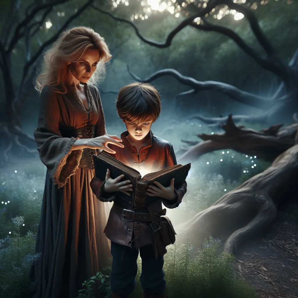 An image of a young boy and his mother, standing in a mystical forest at dusk. The boy holds an old leather-bound book with his mother looking on in curiosity and concern. The scene is filled with a magical glow as they embark on a journey to reverse a soul-switching spell.