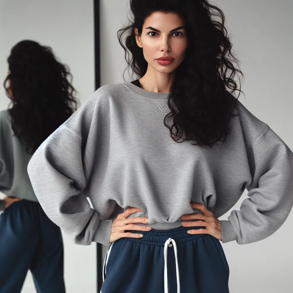 An image of a confident, middle-aged woman named Sharon Collins, with dark curly hair, wearing a loose gray sweatshirt and navy blue sweatpants. She is standing with her hands on her hips, looking determined and in control. Behind her, there is a mirror reflecting her image.