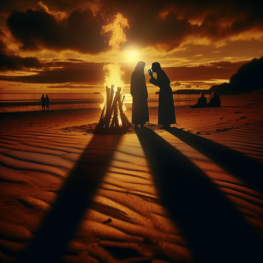 An eerie image of a beach at dusk, with a bonfire casting long shadows on the sand. In the foreground, two figures stand, one whispering to the other, while the other figure, frozen in place, wears a look of shock and fear. The image captures the moment of a sinister spell being cast, as the setting sun bathes the beach in an unsettling golden glow.